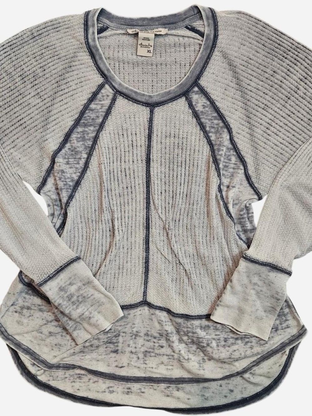VTG American Rag Women's Washed Light Gray Blue Thermal Top Button Sleeves Y2K